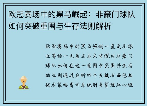 欧冠赛场中的黑马崛起：非豪门球队如何突破重围与生存法则解析